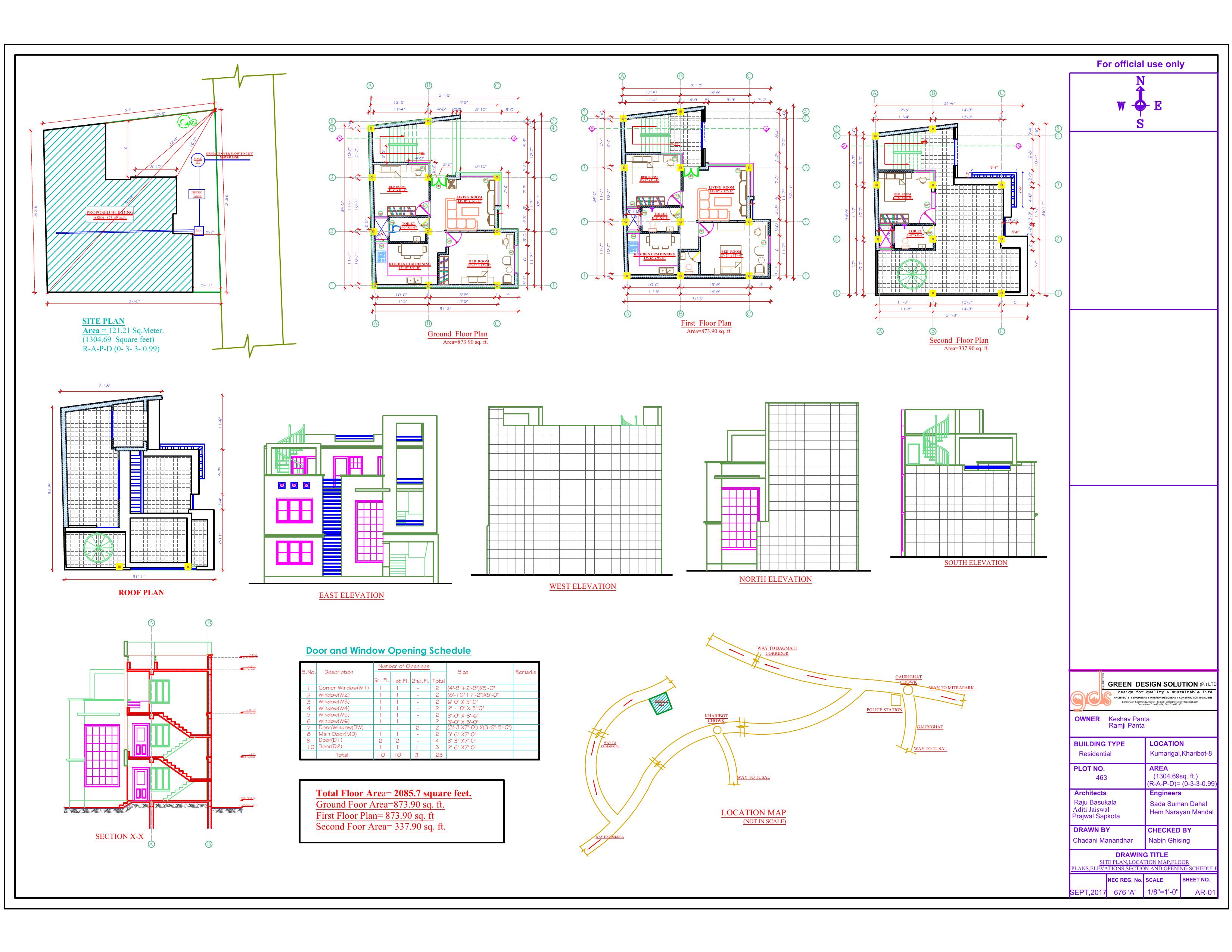 Full drawing set overview with all plans and elevations